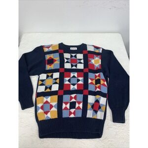 Vintage Orvis Sweater Colorblock Patchwork Quilt Nautical Snowflake Grandpa L